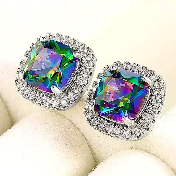 Mystic Fire Topaz Stud Earrings, Square, Princess Cut - Picture 2 of 10